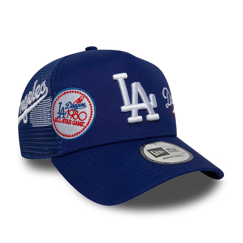 Pictured is this MLB Patch LA Dodgers 9FORTY A-Frame Trucker cap in dark blue. 1