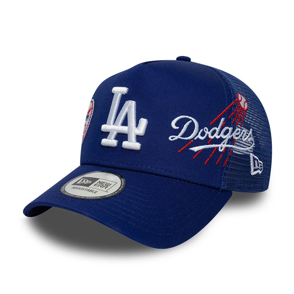 LA Dodgers MLB Patch Dark Blue New Era 9FORTY A-Frame Trucker Adjustable Cap, three-quarter view showing the raised white LA logo on the front panel, embroidered Dodgers script and baseball graphic on the side.