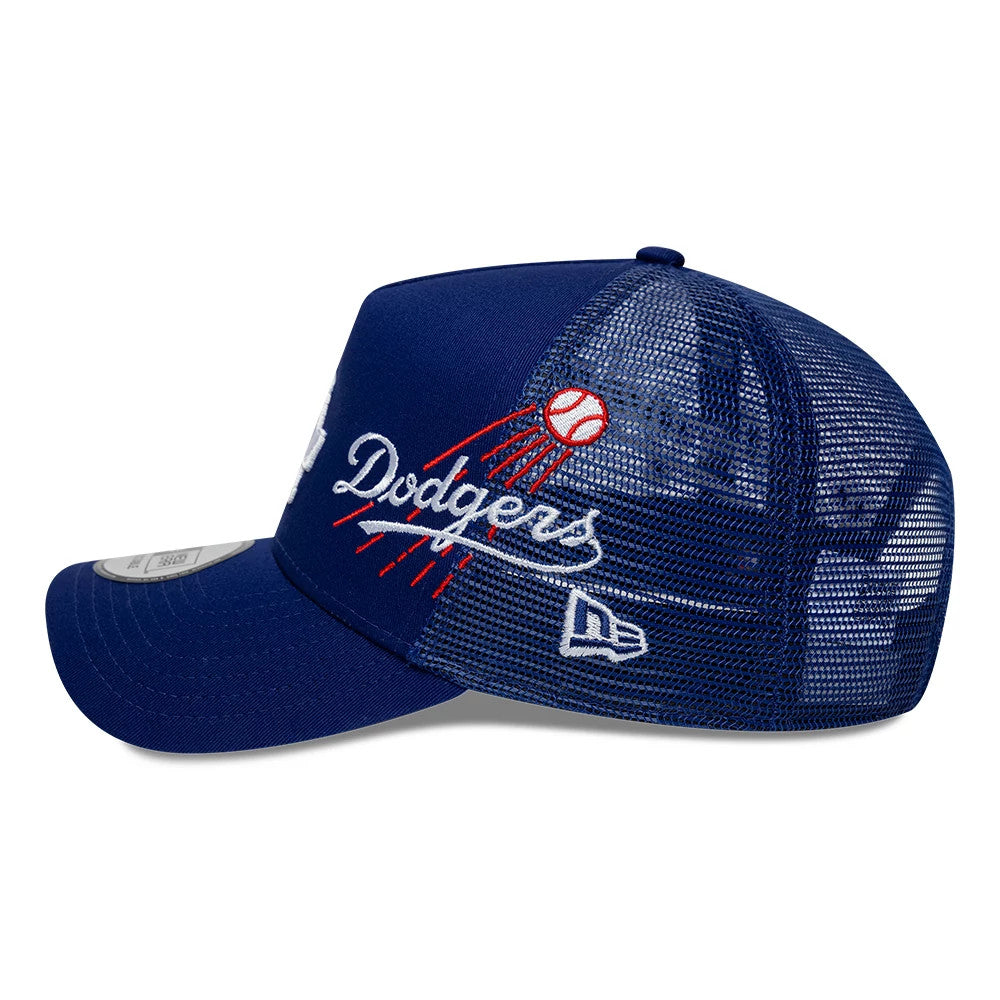 LA Dodgers MLB Patch Dark Blue New Era 9FORTY A-Frame Trucker Adjustable Cap, side view showing the embroidered white Dodgers script logo with red baseball stitch details, a structured dark blue crown, and white New Era flag logo on mesh.