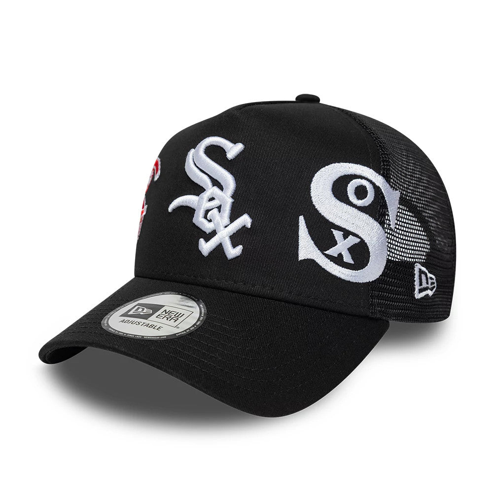 Chicago White Sox MLB Patch Black New Era 9FORTY A-Frame Trucker Adjustable Cap, front view showing raised white embroidered Sox lettering on the front panels, black curved visor with the 9FORTY size sticker.