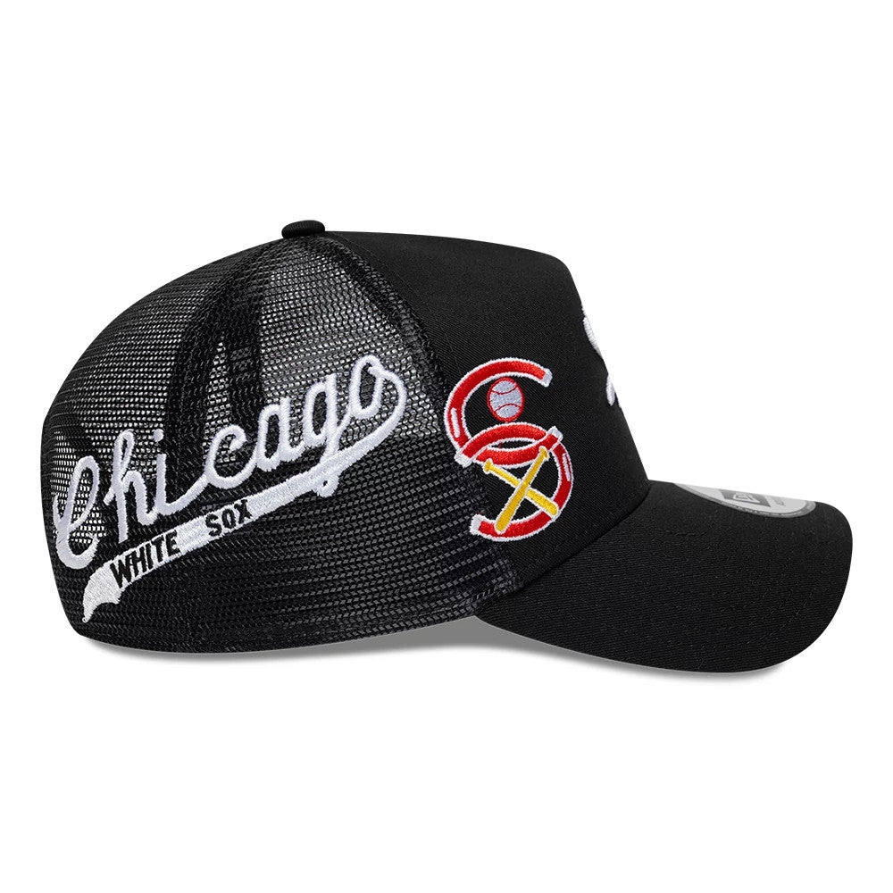 Pictured is this MLB Patch Chicago White Sox 9FORTY A-Frame Trucker cap in black. 4