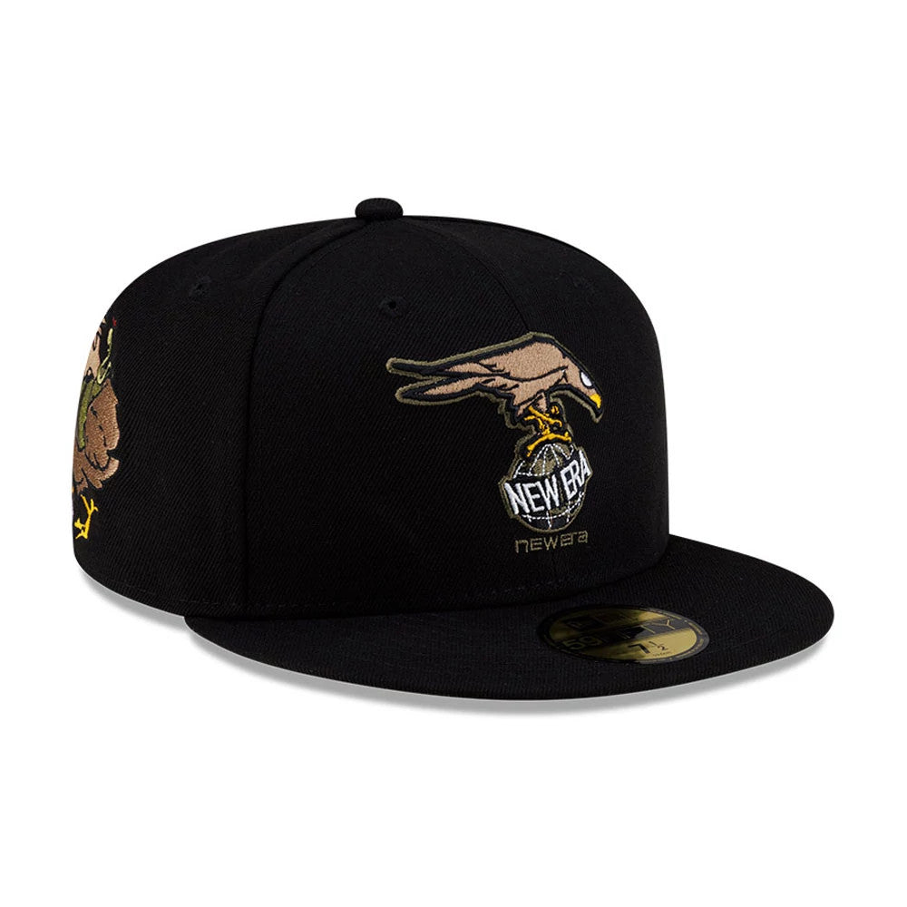 Roji Soccer Black New Era 59FIFTY Fitted Cap, three-quarter view showing a detailed embroidered eagle logo on the black front panel clutching New Era text in its talons, complemented by a black flat visor with a gold 59FIFTY size sticker.