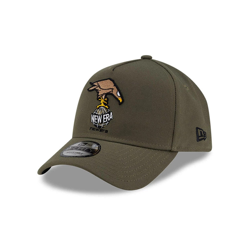 Roji Soccer Green New Era 9FORTY A-Frame Adjustable Cap, three-quarter view showing a raised embroidered hand design dropping a yellow string over the New Era logo on the front panel, with a structured green crown.