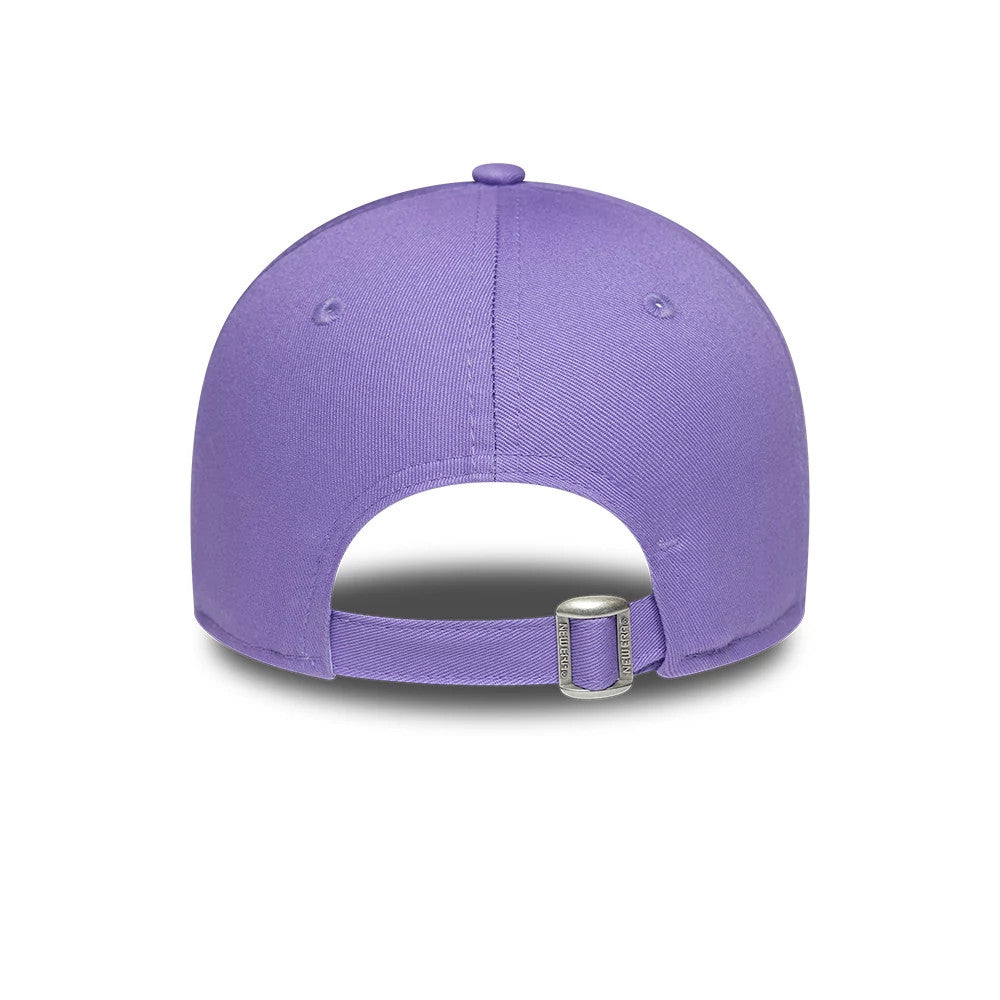 Womens Lacoste X New Era Purple 9FORTY Adjustable Cap, rear view showing the unstructured purple crown with embroidered eyelets, and a silver buckle on the adjustable strap, offering a clean finish at the back.