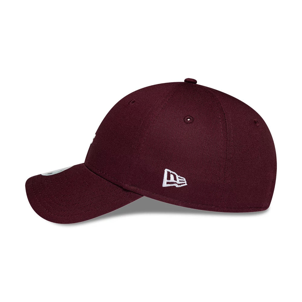 Womens Lacoste X New Era Dark Purple 9FORTY Adjustable Cap, side view showing the white embroidered New Era flag logo on the left side, a curved dark purple visor, and a structured crown with matching eyelets and top button.