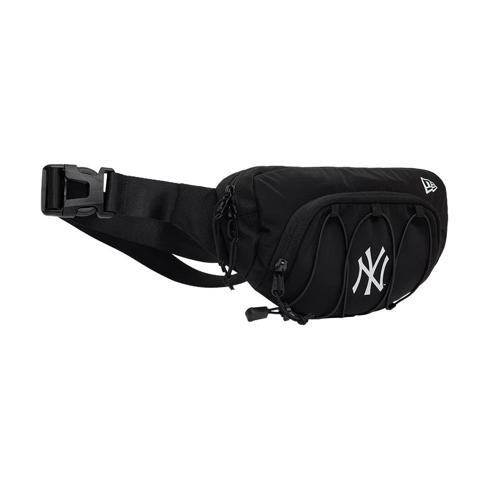 New Era New York Yankees MLB Ripstop Sport Black Waist Bag, side view showing a white embroidered Yankees logo centred on the front pocket, a zip closure along the top, and the New Era logo printed near the edge with adjustable black straps.
