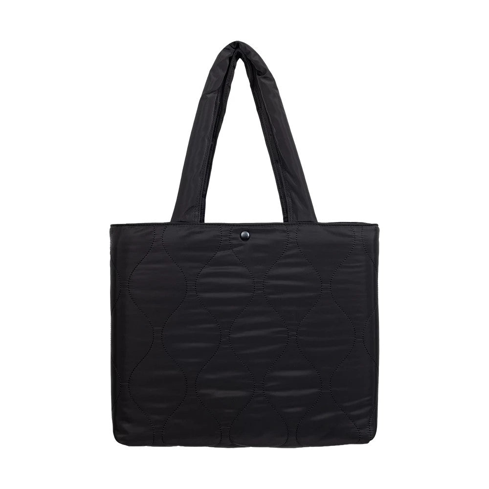 New Era New York Yankees MLB Black Padded Tote Bag, front view showing a quilted pattern with wave-like stitching, a snap button closure centred at the top, and dual padded handles extending above the bag.