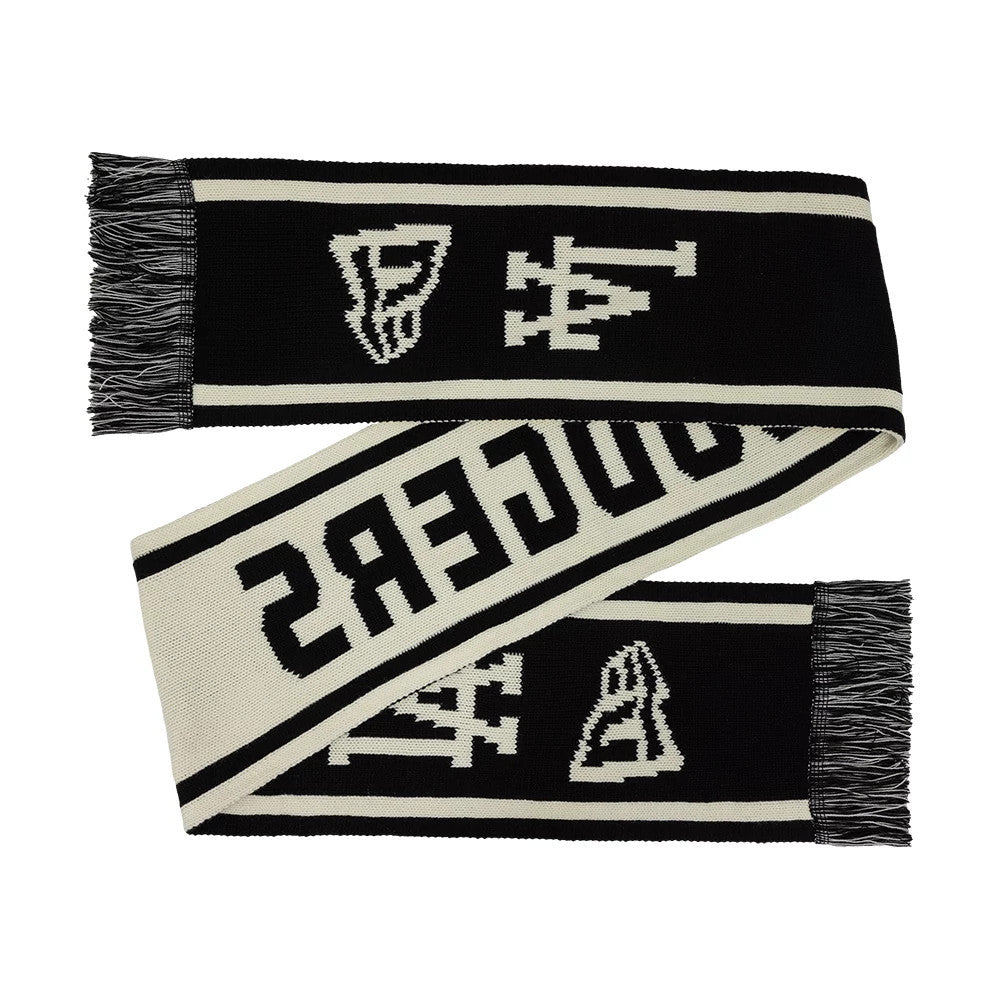 New Era LA Dodgers MLB Chunky Team Black Scarf, front view showing the black and cream design with large Dodgers lettering across the length, interlocking LA and New Era logos on each end, and black fringe at both edges.