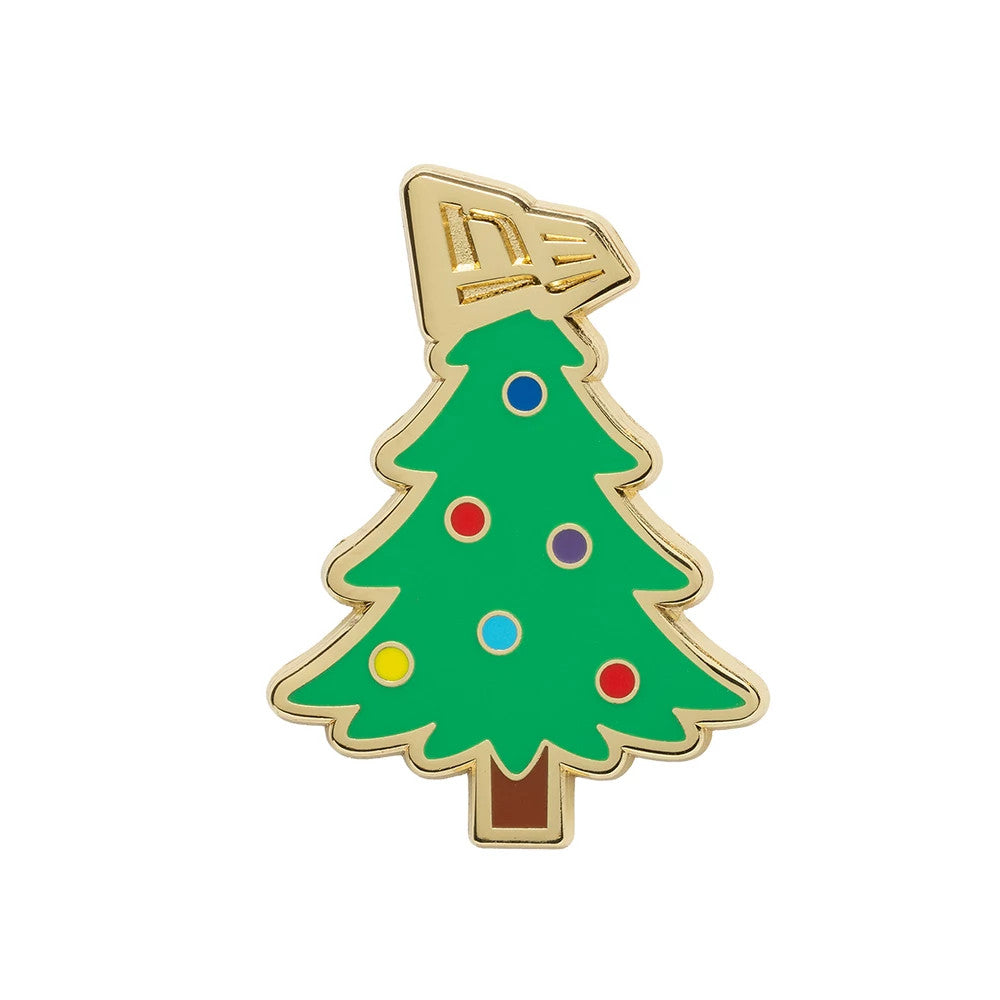 New Era Xmas Tree Open Green Pin Badge, front view showing a festive tree shape with colourful circular ornaments in red, yellow, and blue, outlined by a gold trim, and an embossed New Era logo at the top of the tree.