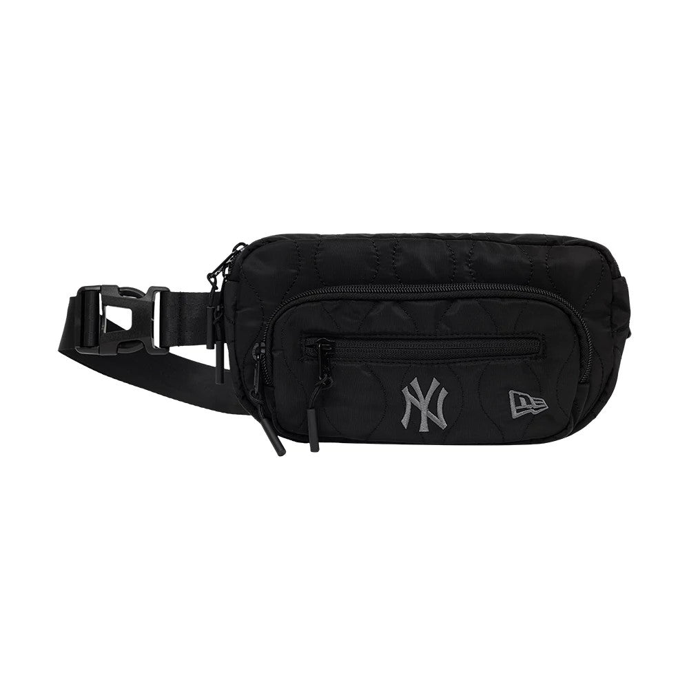 New Era New York Yankees MLB Black Padded Utility Waist Bag, front view displaying a spacious main compartment with a zip closure, additional front zip pocket, embroidered New York Yankees logo and New Era logo on the front.