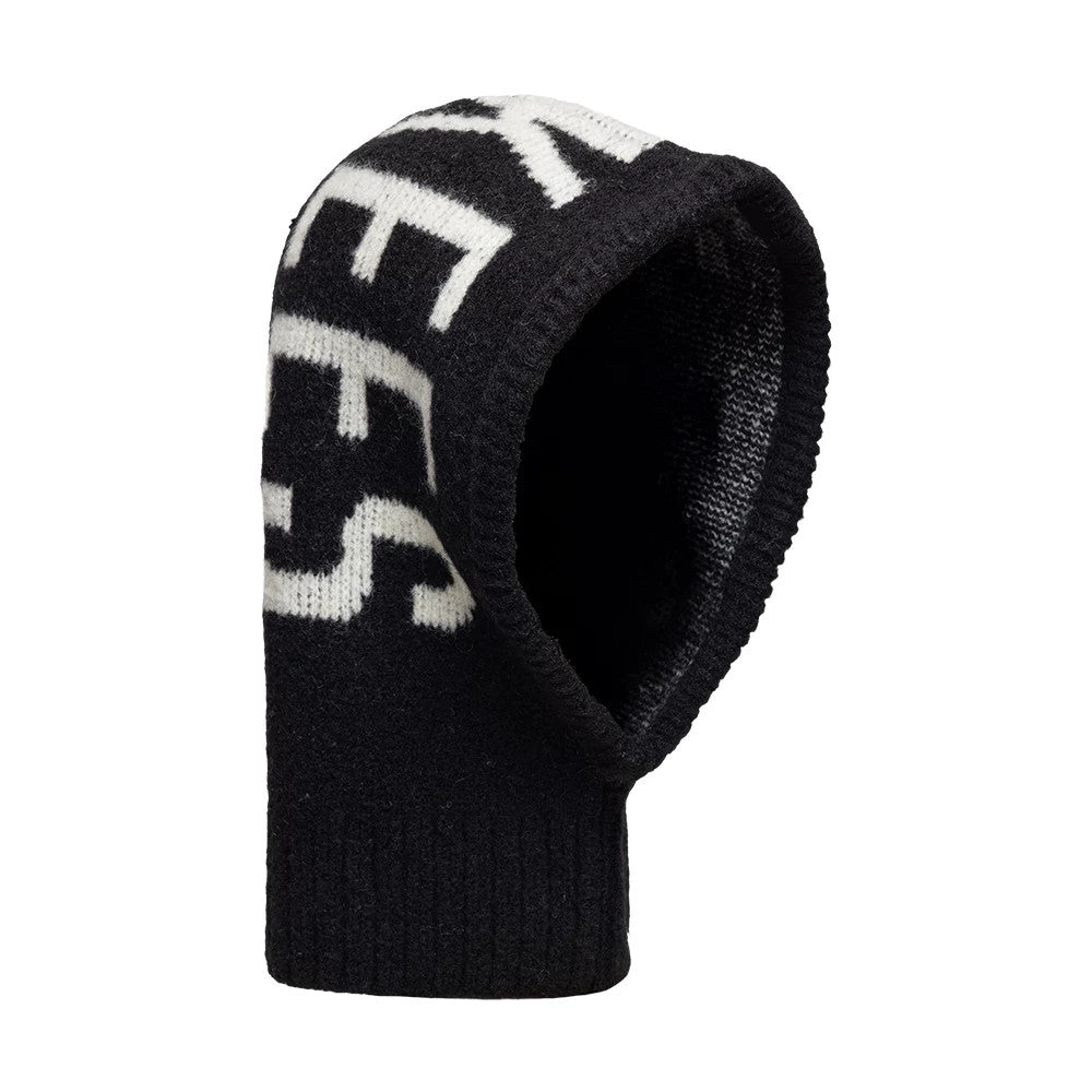 New Era New York Yankees MLB Script Black Balaclava Hat, side view showing the white Yankees script in woven fabric, contrasting sharply against the black knit, with a ribbed opening for the face providing a snug fit.