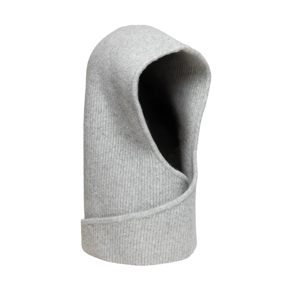 New Era New York Yankees Womens MLB Knitted Grey Balaclava Hat, three-quarter view showing a grey knit texture with an extended front opening and rounded top, designed for full head coverage while leaving the face exposed.