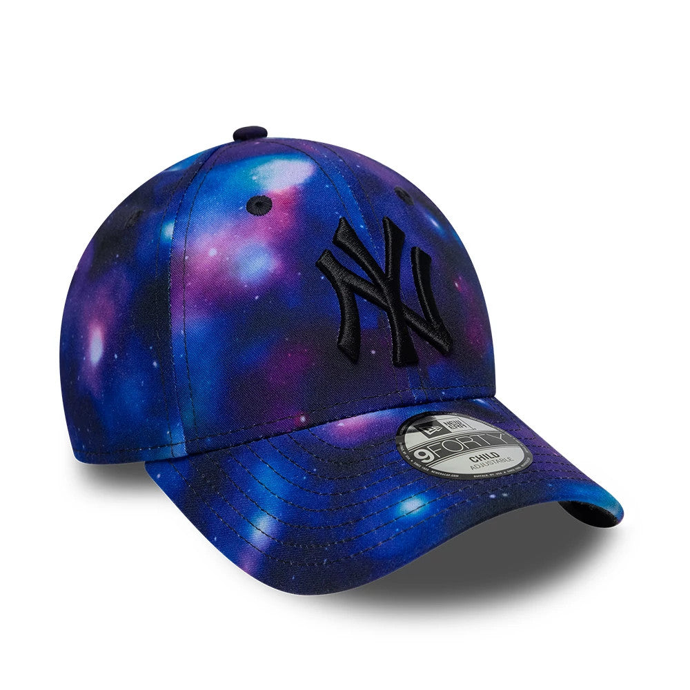 New York Yankees Child MLB All Over Print Black New Era 9FORTY Adjustable Cap, three-quarter view showing the black raised embroidered NY logo on the front panel, galaxy print on the structured crown and visor.