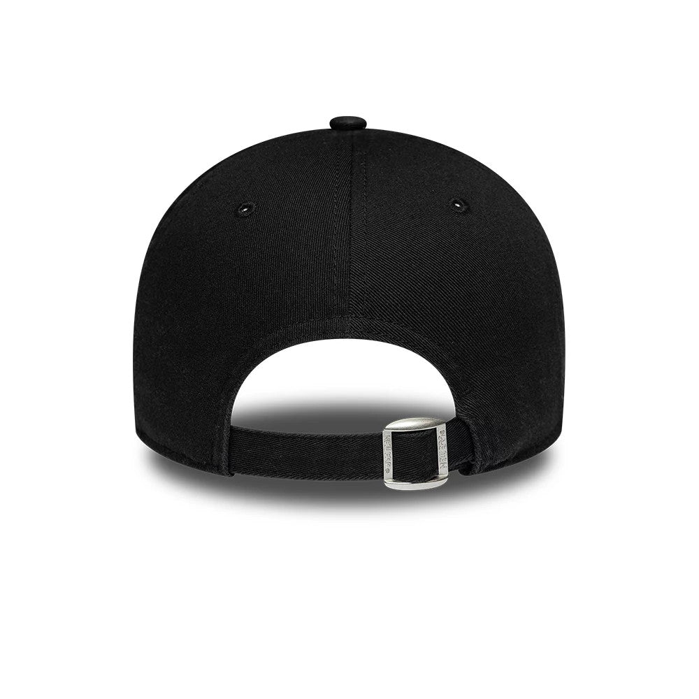 Womens New Era Slogan Black New Era 9TWENTY Adjustable Cap, rear view showing a curved black visor, an open back with an adjustable fabric strap, and a buckle for a customised fit on the unstructured black crown.