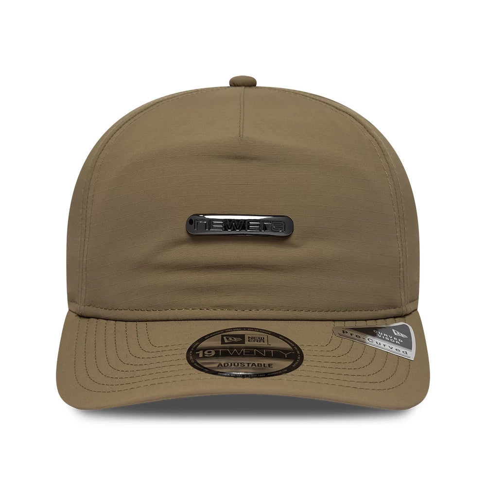 New Era Ripstop Sport Green 19TWENTY Adjustable Cap, front view showing a black New Era logo on the centre of the structured crown, with a brown curved visor and a 19TWENTY size sticker placed on the visor.