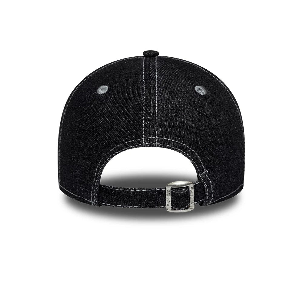 Womens New Era Distress Black 9TWENTY A-Frame Adjustable Cap, rear view showing a curved buckle strap for size adjustment, contrast stitching along the black denim-like fabric, and a rounded crown with embroidered eyelets.