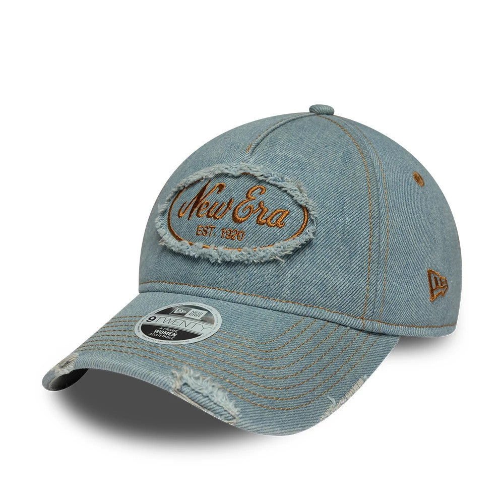 Pictured is this Womens New Era Distress 9TWENTY A-Frame cap in pastel blue. 1