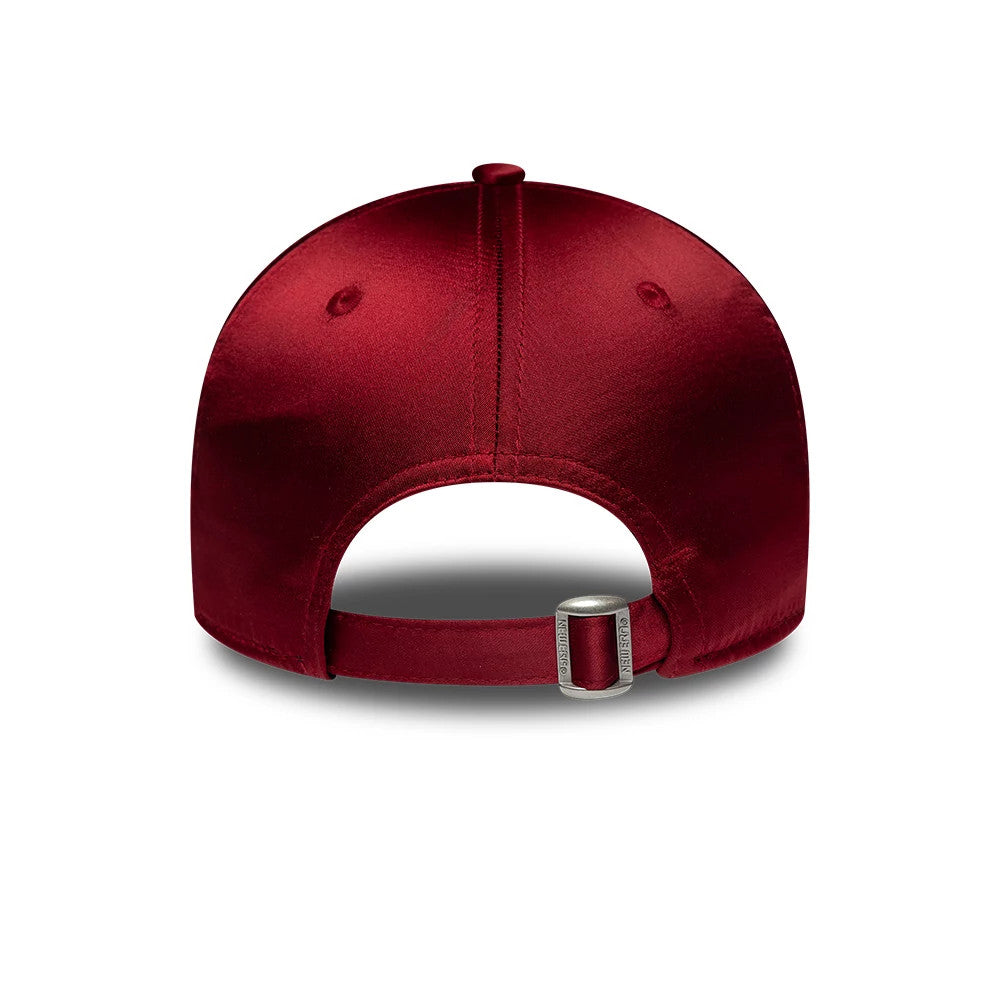 Womens New Era Satin Gem Dark Red 9FORTY Adjustable Cap, rear view showing the satin finish on the dark red panels, a matching fabric strap with a buckle for size adjustment, and embroidered eyelets enhancing the elegant design.