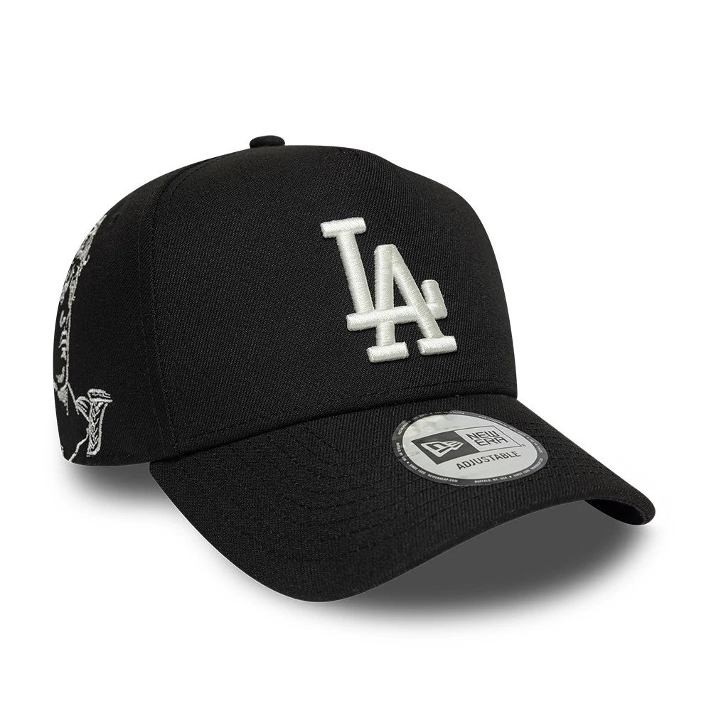 LA Dodgers MLB Mythical Black New Era 9FORTY E-Frame Adjustable Cap, three-quarter view showing the raised white LA logo embroidered on the front panel, with black curved visor and attached New Era 9FORTY size sticker.