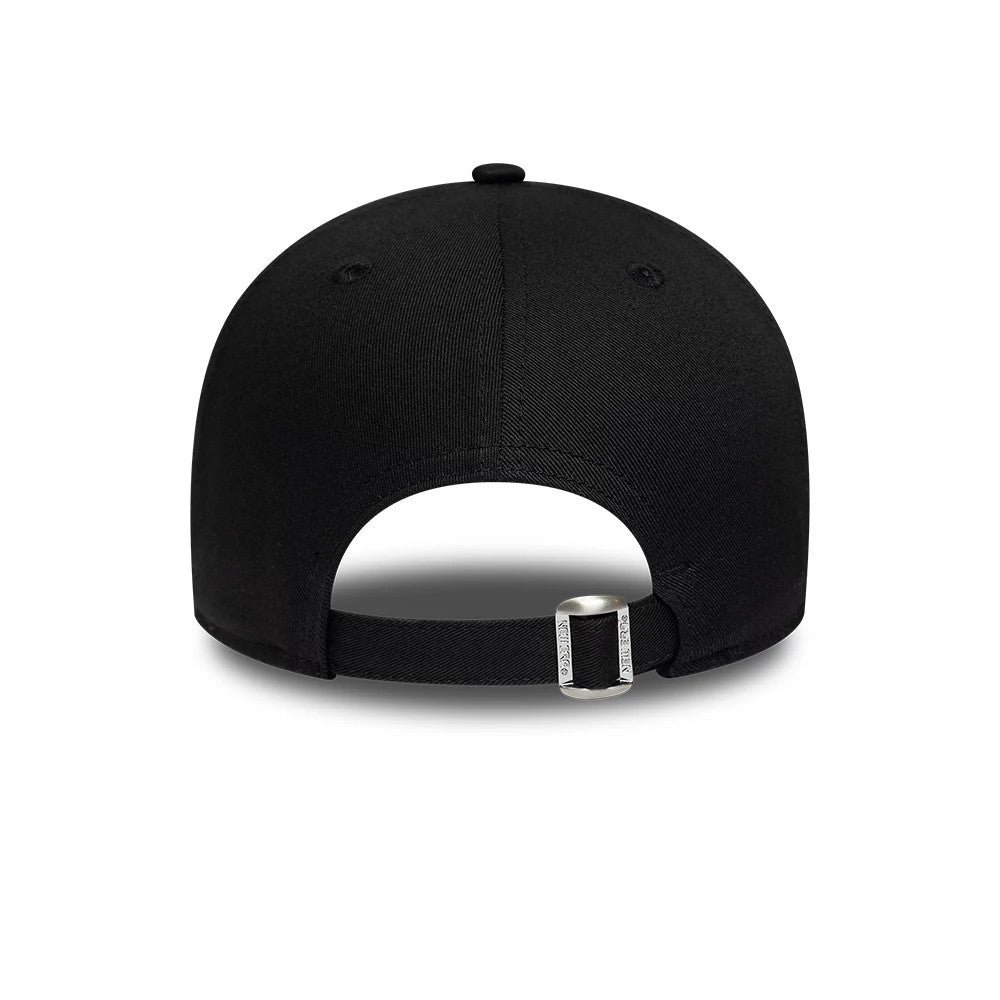 New Era Gem Patch Distress Black 9FORTY Adjustable Cap, rear view showing the black fabric strap with a buckle for custom fit, the seamless black crown with matching eyelets and a top button enhancing the minimalistic design.