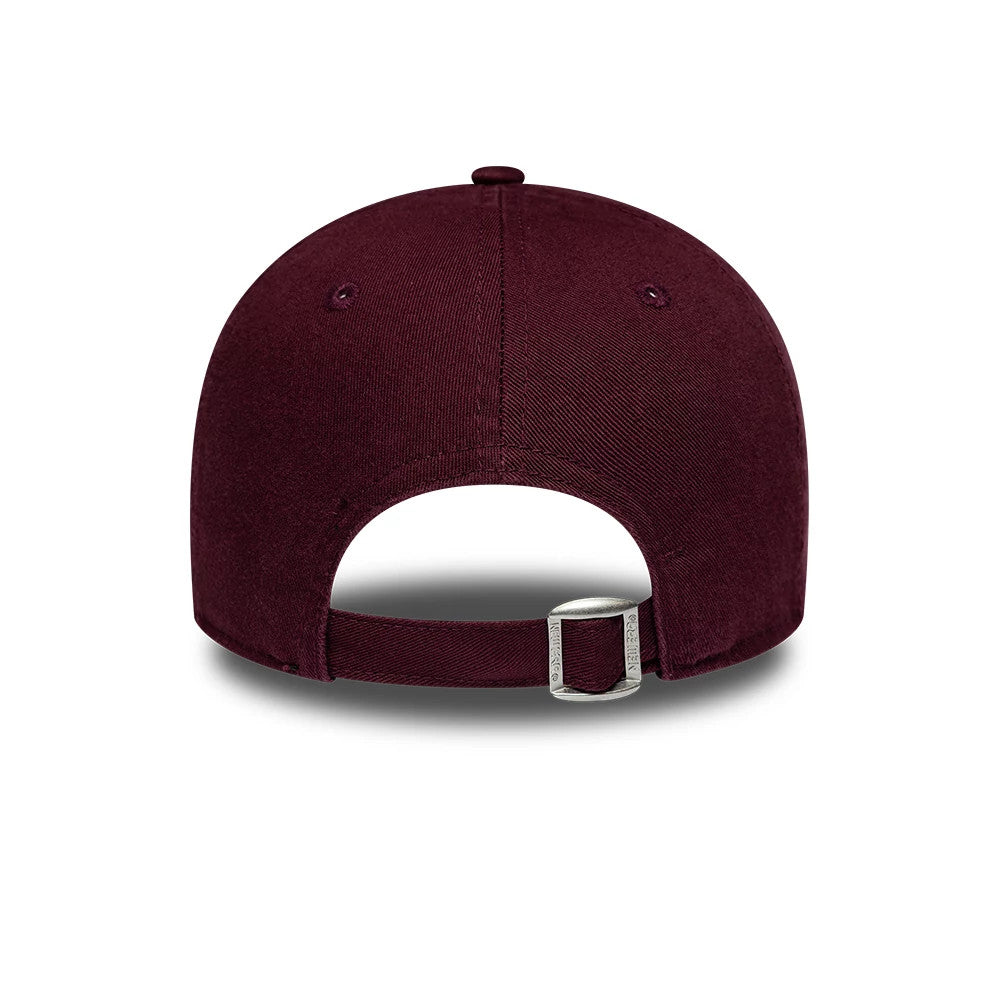 Womens New Era Slogan Dark Purple 9TWENTY Adjustable Cap, rear view showing the dark purple fabric with a rounded crown and an adjustable strap with a buckle, featuring matching colour eyelets and top button.