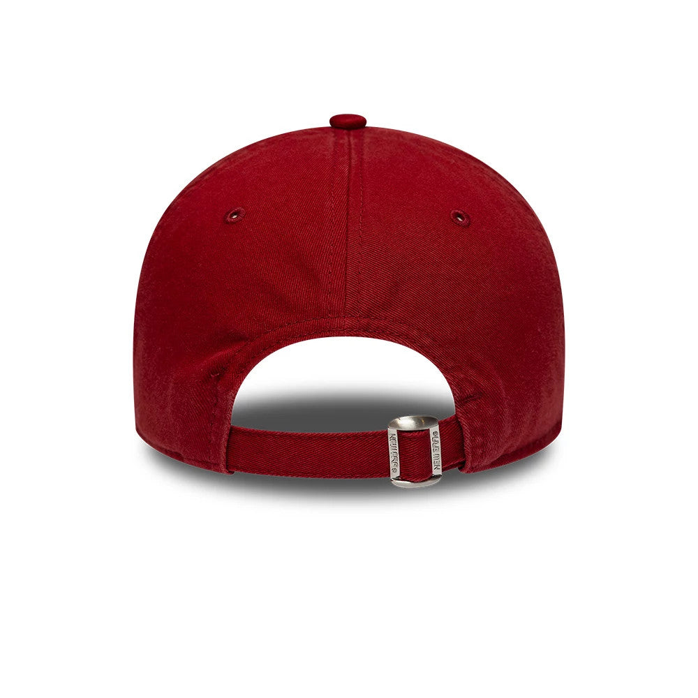 New York Mets MLB Washed Midi Logo Dark Red New Era 9TWENTY Adjustable Cap, rear view showing the adjustable strap with buckle, embroidered eyelets, and a structured crown in a deep dark red colour.