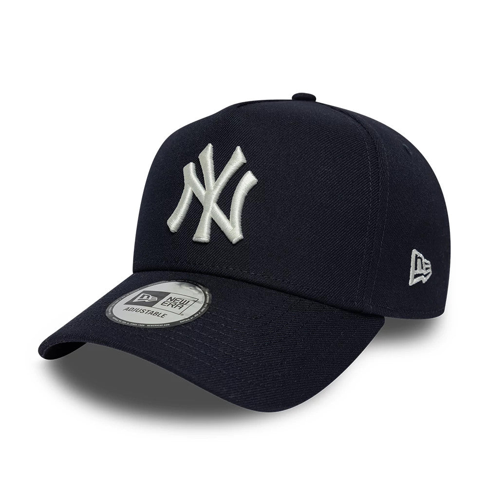 New York Yankees MLB Mythical Navy New Era 9FORTY E-Frame Adjustable Cap, front view showing the raised white NY logo embroidered on the front panel, navy curved visor with a 9FORTY size sticker, and the New Era flag logo on the left side.