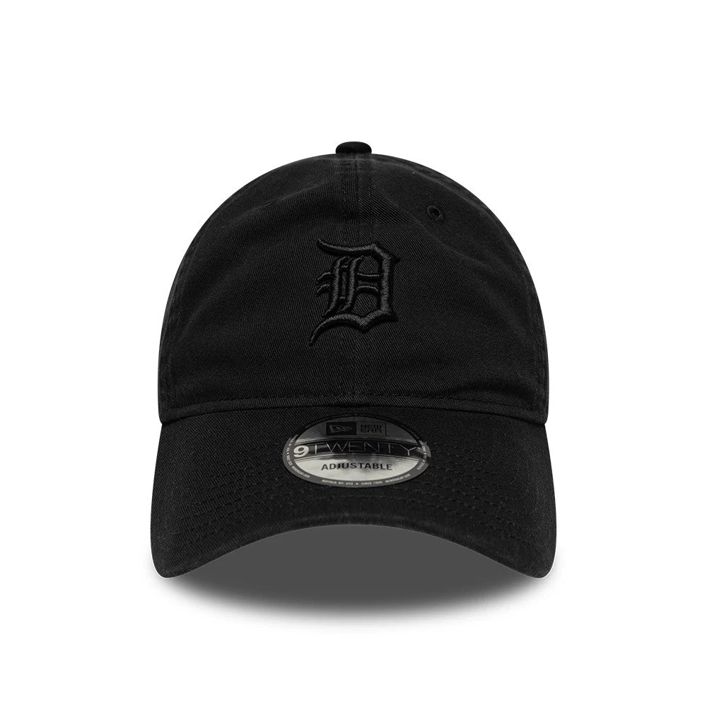 Detroit Tigers MLB Washed Midi Logo Black New Era 9TWENTY Adjustable Cap, front view showing the black embroidered Tigers logo on the unstructured crown, with a curved black visor and a 9TWENTY size sticker on the centre.