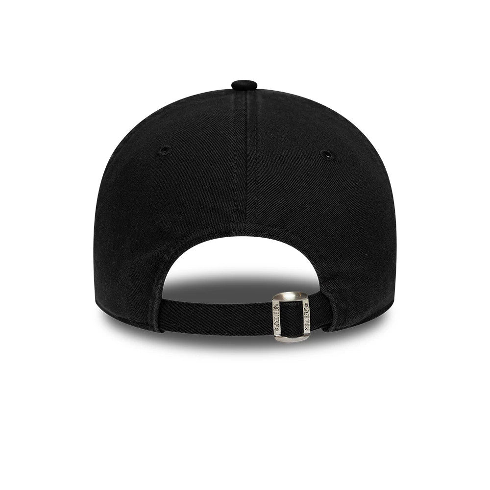Detroit Tigers MLB Washed Midi Logo Black New Era 9TWENTY Adjustable Cap, rear view showing the strap with a buckle closure, black eyelets on each side, and a rounded crown design in a washed black fabric.