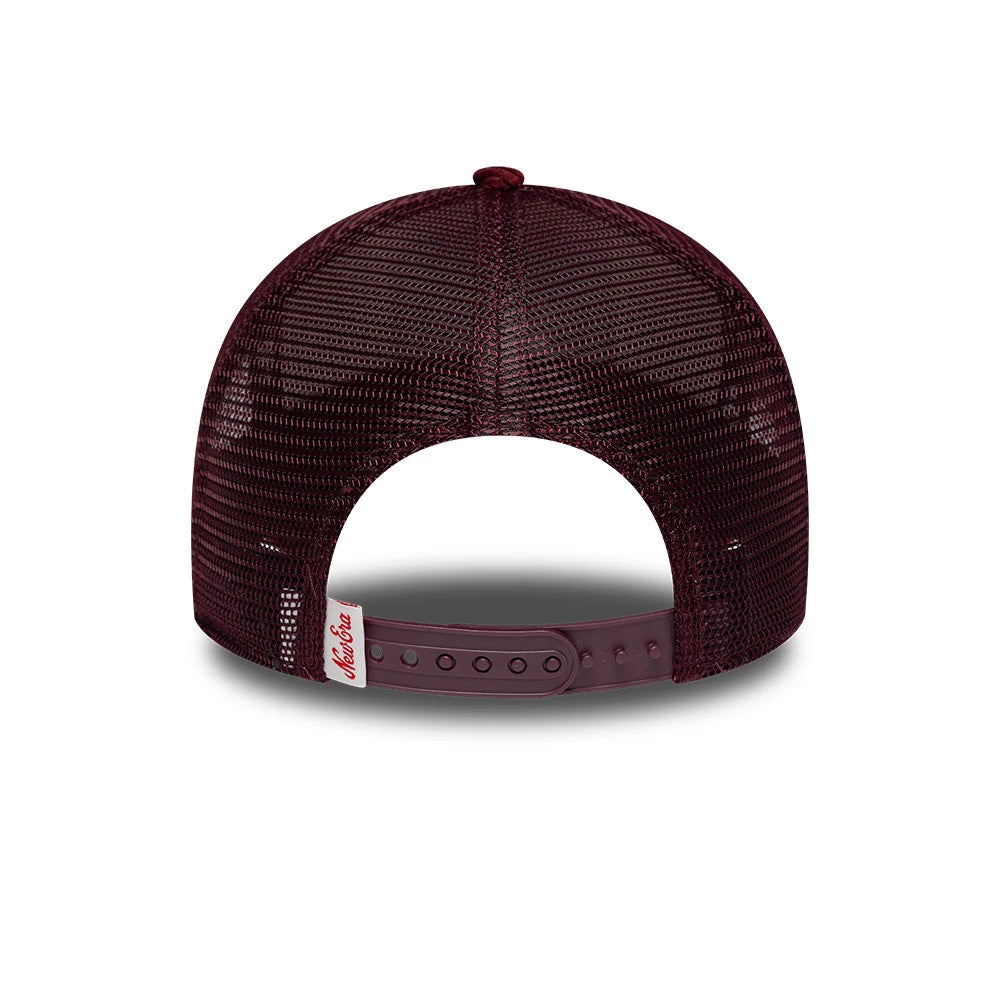 New Era Cord Visor Dark Purple 9FORTY E-Frame Trucker Adjustable Cap, rear view showing the open mesh panels, a purple snapback closure, and a white New Era woven label on the side of the structured crown.