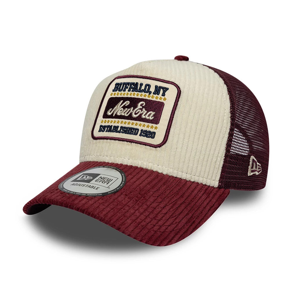 Pictured is this New Era Cord Visor 9FORTY E-Frame Trucker cap in dark purple. 1