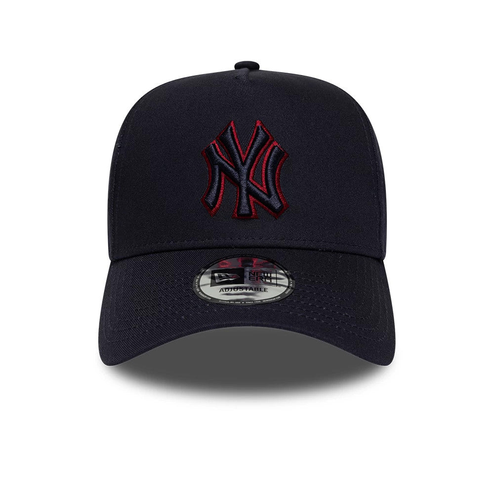 New York Yankees MLB Team Outline Navy New Era 9FORTY E-Frame Adjustable Cap, front view showing a raised navy and red embroidered NY logo on the front panel, a curved visor and a 9FORTY size sticker on the navy visor.