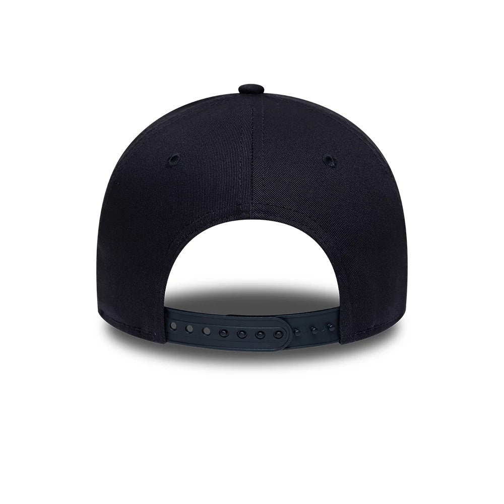 New York Yankees MLB Team Outline Navy New Era 9FORTY E-Frame Adjustable Cap, rear view with a navy adjustable strap and matching eyelets on the structured crown, featuring the classic E-Frame silhouette in a clean dark navy finish.