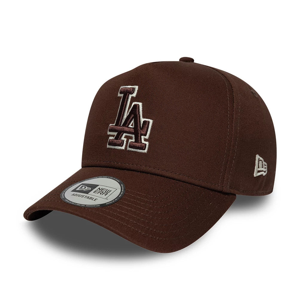 LA Dodgers MLB Team Outline Brown New Era 9FORTY E-Frame Adjustable Cap, three-quarter view showing the white and brown raised embroidered LA logo on the front panel, curved visor with a 9FORTY size sticker, and New Era flag logo on the left side.