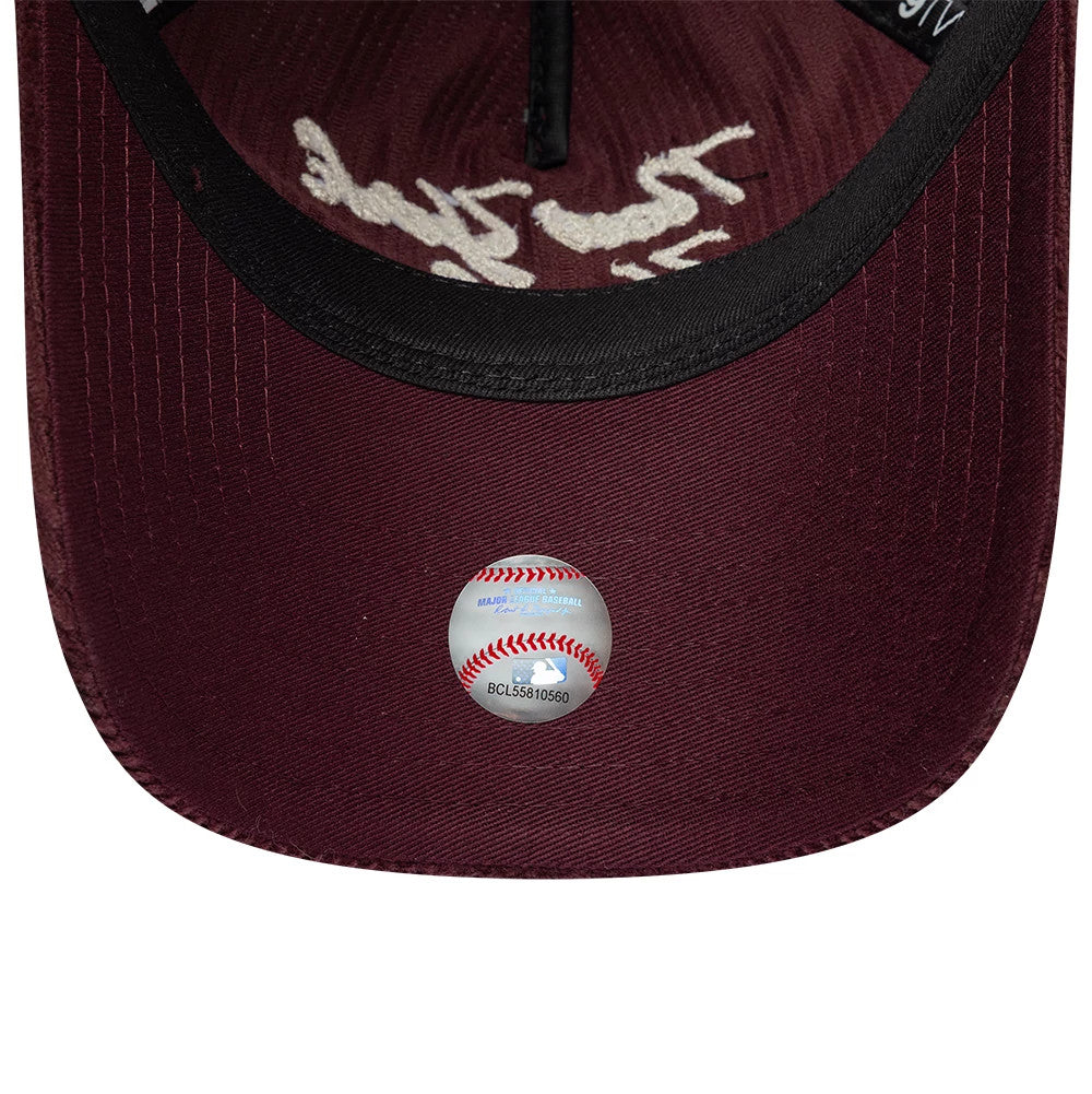 Pictured is this MLB Cord Script New York Yankees 9TWENTY A-Frame cap in burgundy. 5