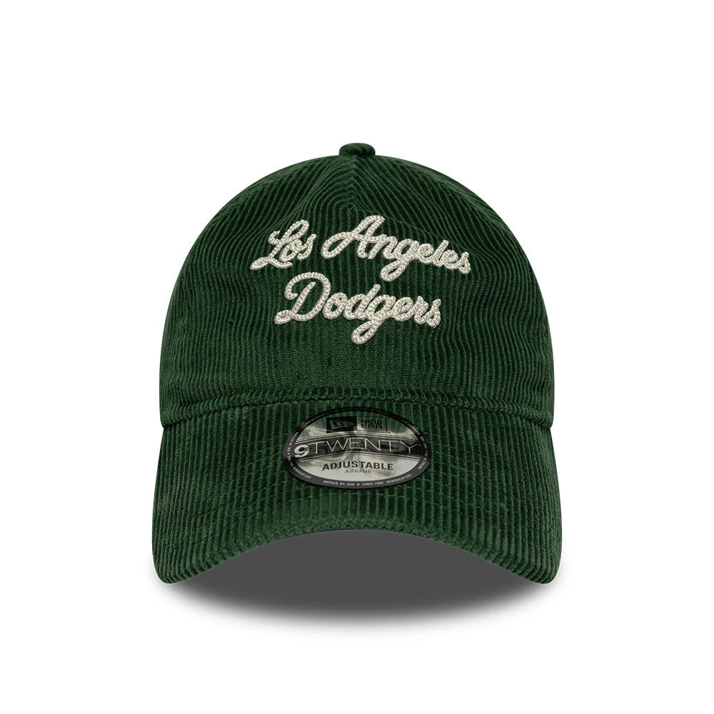 LA Dodgers MLB Cord Script Dark Green New Era 9TWENTY A-Frame Adjustable Cap, front view showing white raised embroidery of Los Angeles Dodgers on the dark green corduroy crown, with a 9TWENTY size sticker on the curved visor.