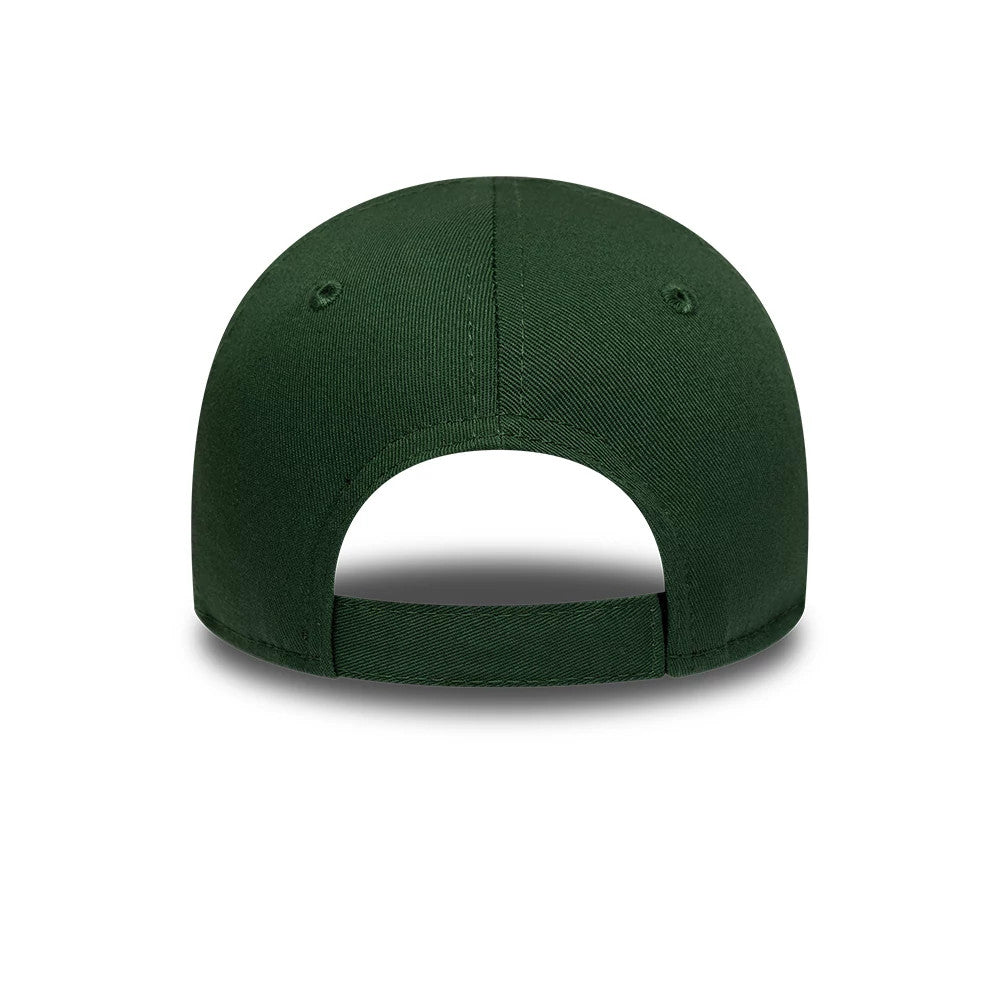 LA Dodgers Toddler MLB League Essential Dark Green New Era 9FORTY Adjustable Cap, rear view showing the plain dark green fabric of the back panels, an arched opening, and an adjustable strap for a customisable fit.