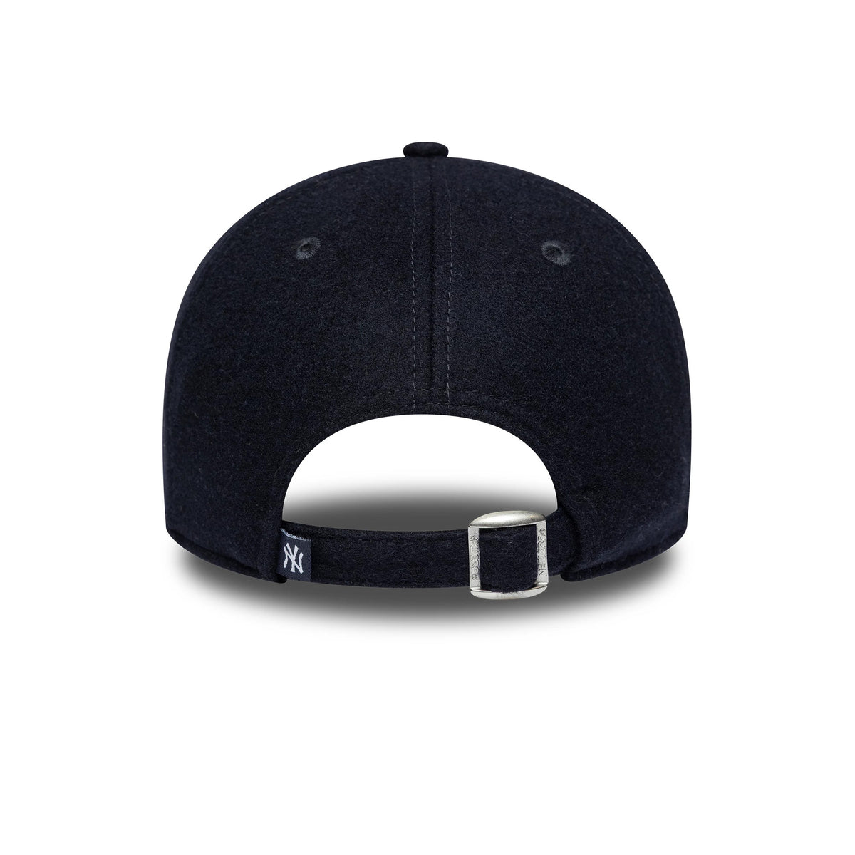 New York Yankees MLB Script Navy New Era 9FORTY Adjustable Cap, rear view showing the white embroidered NY logo on the navy strap above the buckle, with two embroidered eyelets on each back panel of the structured navy crown.