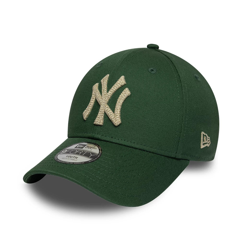 Pictured is this Youth MLB Metallic New York Yankees 9FORTY cap in dark green. 1
