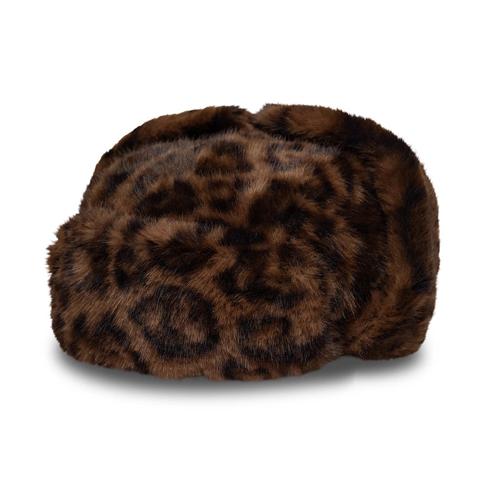 Pictured is this New Era Leo Faux Fur Trapper hat in dark brown. 1