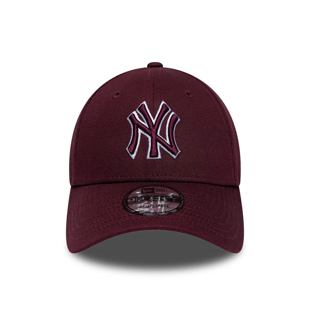 New York Yankees MLB Team Outline Dark Purple New Era 9FORTY Adjustable Cap, front view showing the raised white and purple embroidered NY logo on the front panel, with a matching dark purple curved visor and the 9FORTY size sticker on top.