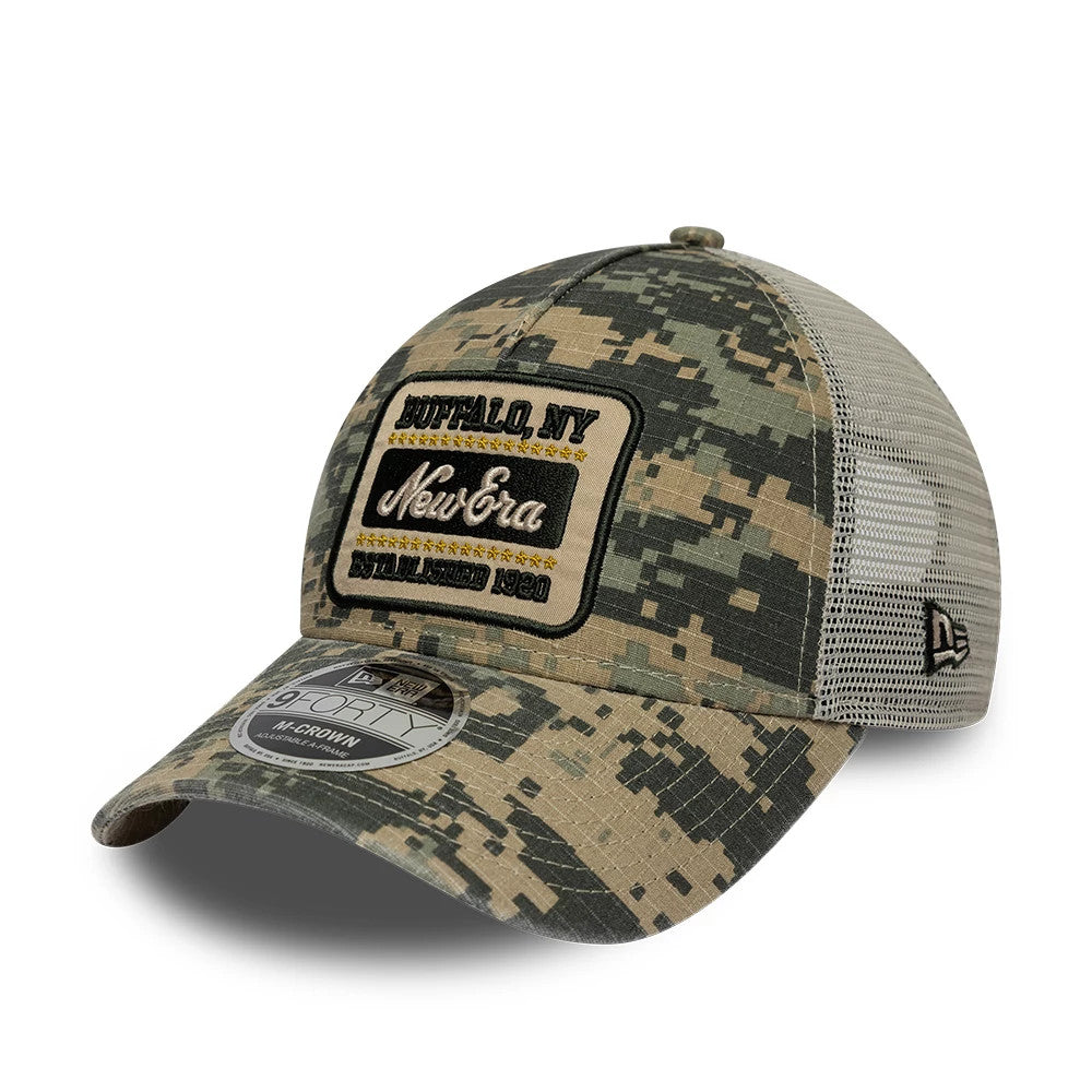 Pictured is this New Era Camo 9FORTY M-Crown A-Frame Trucker cap in woodland camo. 1