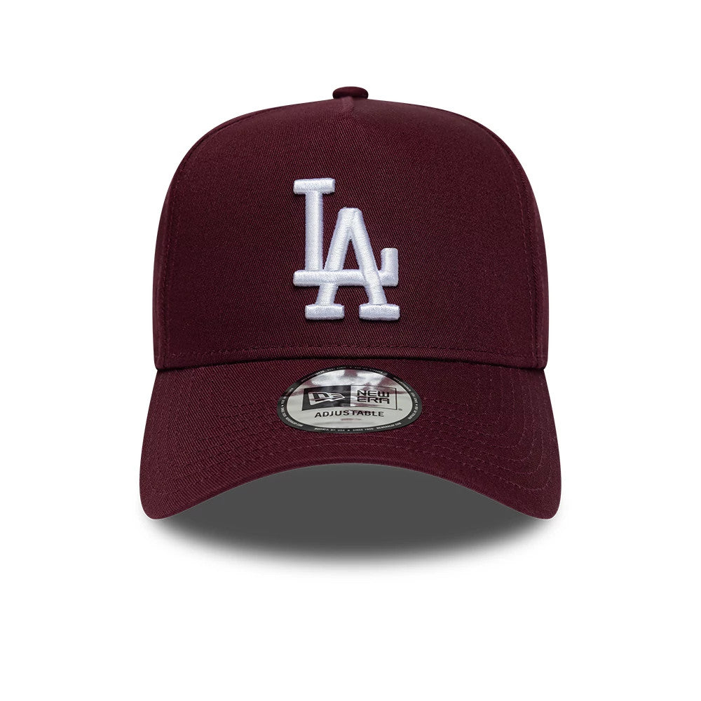 LA Dodgers MLB League Essential Dark Purple New Era 9FORTY E-Frame Adjustable Cap, front view showing the white raised embroidered LA logo on the structured dark purple crown, with a curved visor and 9FORTY size sticker on the visor.