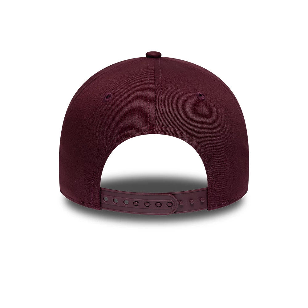 LA Dodgers MLB League Essential Dark Purple New Era 9FORTY E-Frame Adjustable Cap, rear view showing the curved visor and dark purple snapback closure, with matching embroidered eyelets on the structured crown and a single top button.