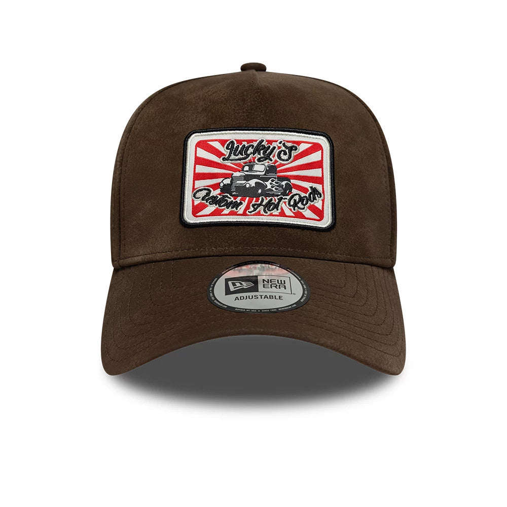 New Era Moto Patch PU Brown 9FORTY E-Frame Adjustable Cap, front view showing a patch with retro hot rod graphics and Lucky's Custom Hot Rods lettering in black and red on the structured crown.