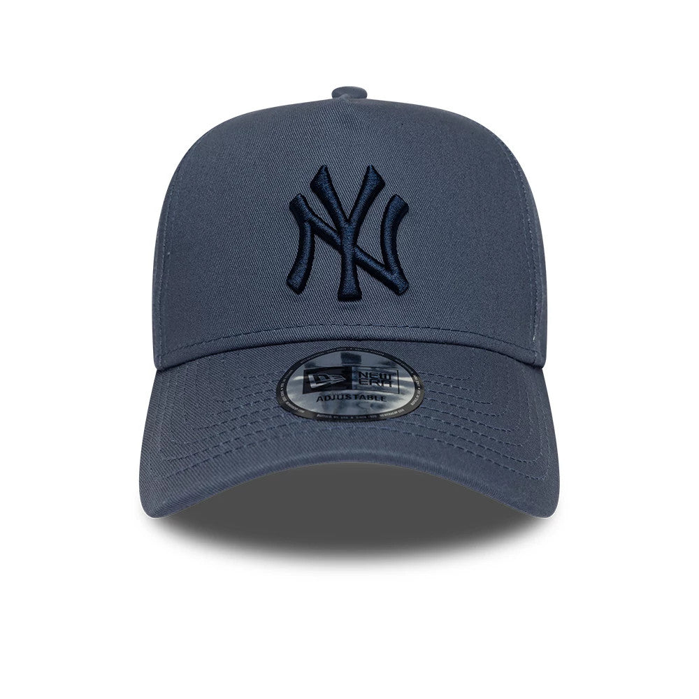 Yankees MLB League Essential Dark Blue New Era 9FORTY E-Frame Adjustable Cap, front view showing the dark blue raised embroidered Yankees logo on the structured crown, with a curved visor and a 9FORTY size sticker on the grey visor.