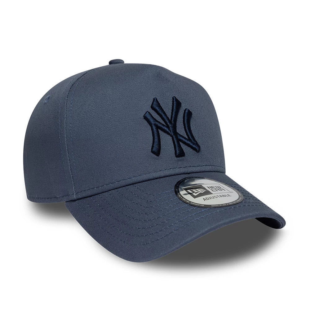 Yankees MLB League Essential Dark Blue New Era 9FORTY E-Frame Adjustable Cap, three-quarter view showing the dark blue raised embroidery NY logo on the front panel, a curved dark blue visor with a 9FORTY size sticker, and a structured crown.