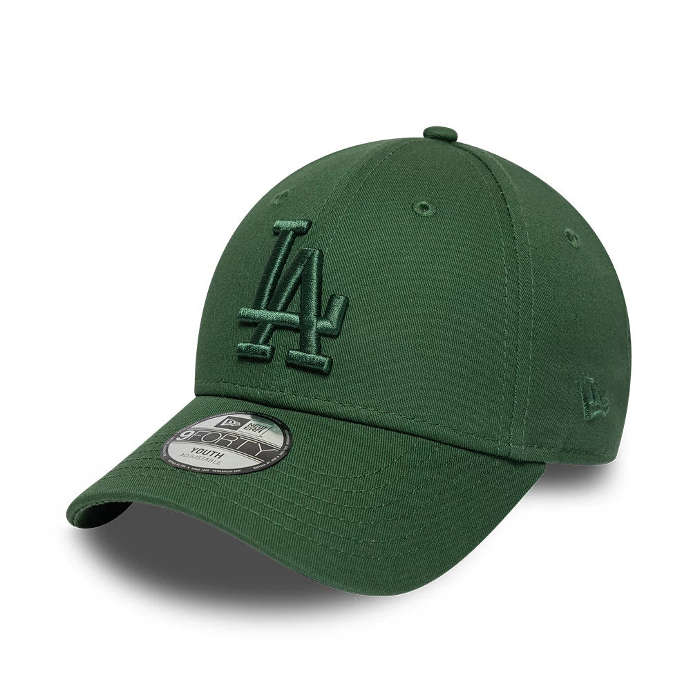 LA Dodgers Youth MLB League Essential Dark Green New Era 9FORTY Adjustable Cap, front view showing a dark green raised embroidered LA logo on the front panel, curved dark green visor, and 9FORTY size sticker on the top of the visor.