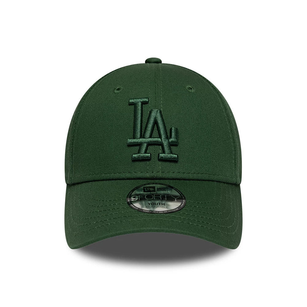 LA Dodgers Youth MLB League Essential Dark Green New Era 9FORTY Adjustable Cap, front view showing the dark green raised embroidered LA logo on the front panel, curved dark green visor with a 9FORTY size sticker, and matching top button.