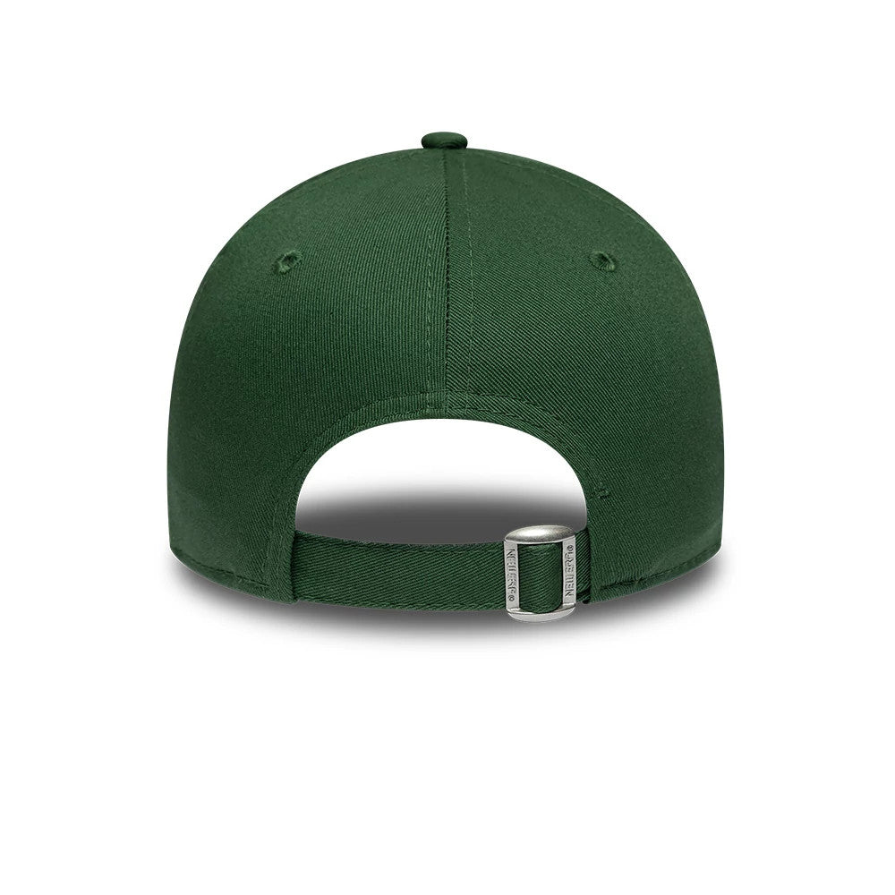 LA Dodgers Youth MLB League Essential Dark Green New Era 9FORTY Adjustable Cap, rear view showing the structured dark green crown and eyelets, with a buckle closure and the New Era logo on the adjustable strap at the back.